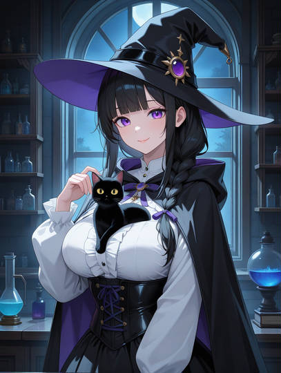 【今日のお題：魔女】魔女と黒猫 插画-第1张